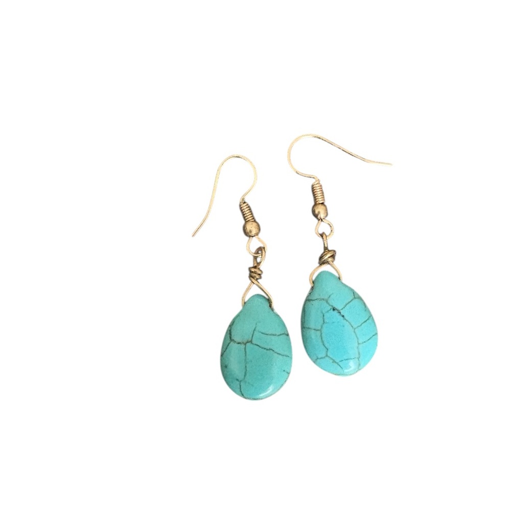 Turquoise Teardrop Dangle Earrings Gold-Tone Hooks‎ Boho Style